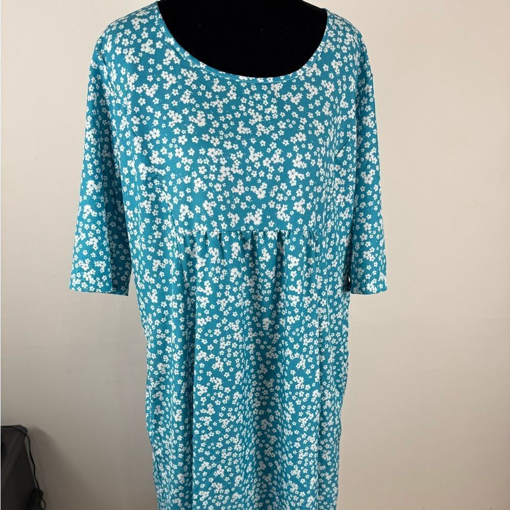 Elegant Teal Floral Quarter length Sleeve Dress 2xl Womens